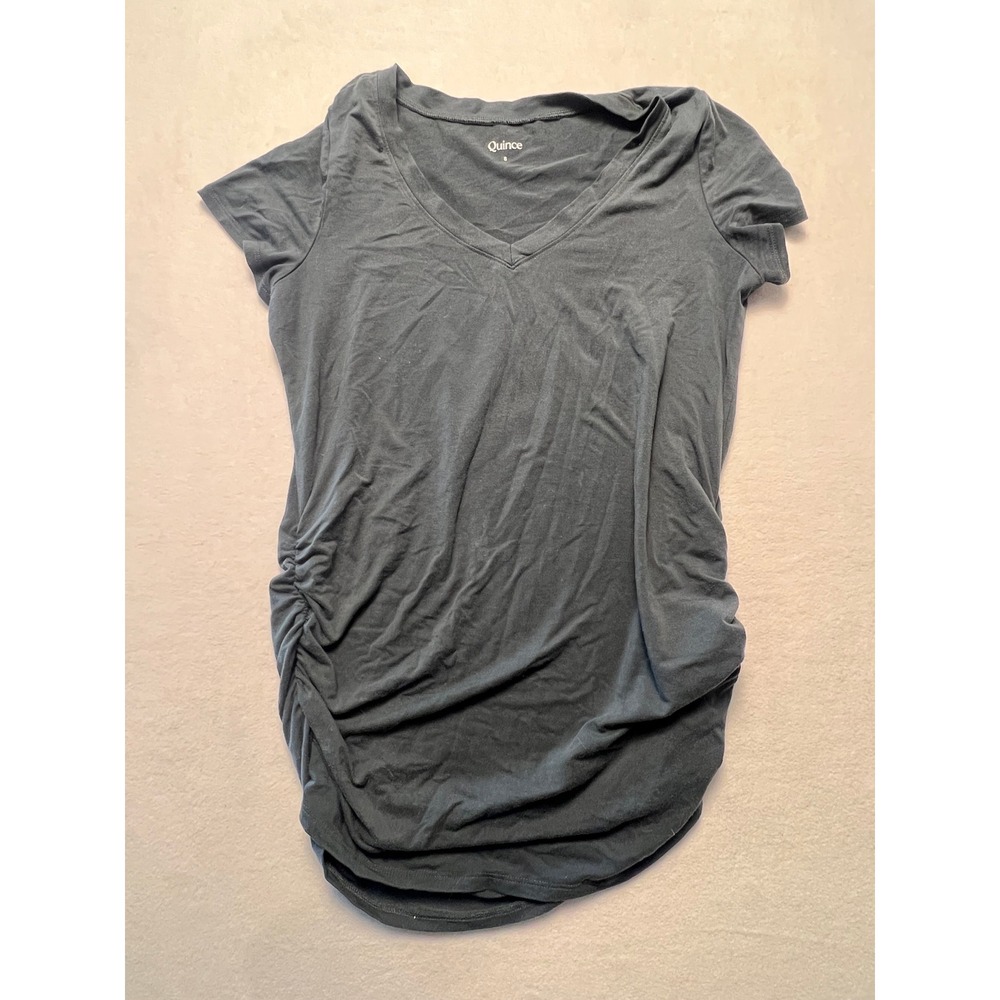 Quince Small Maternity Tee Minimalist Dark Gray Ruched V-Neck Tencel Blend